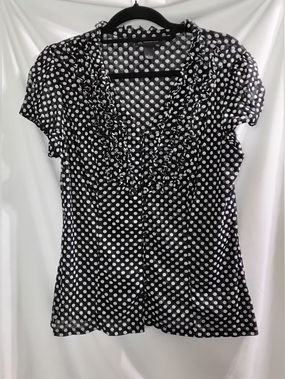 INC Juniors Black White Polka Dot V-Neck Button Front Blouse Size Large